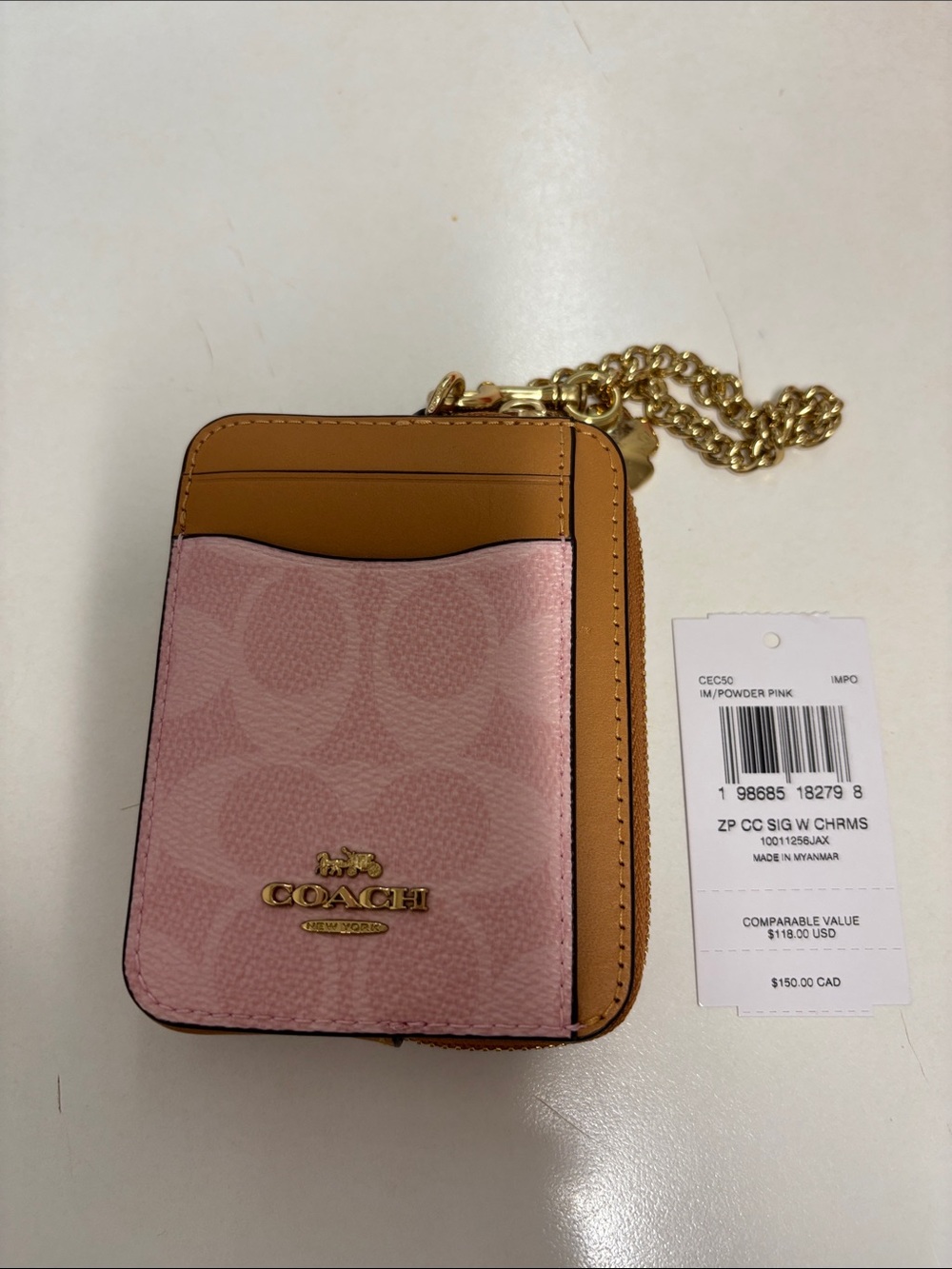 Coach Powder Pink and Tan Card Case with Gold Chain